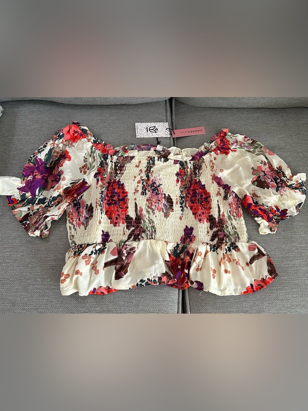 ANDREE BY UNIT Floral Smocked Top in Cream, Red, Orange and Purple